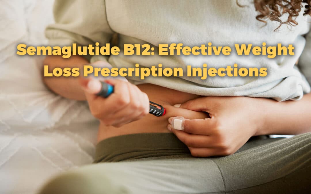 Woman sits while injecting body with semaglutide B12, an effective weight loss prescription injections